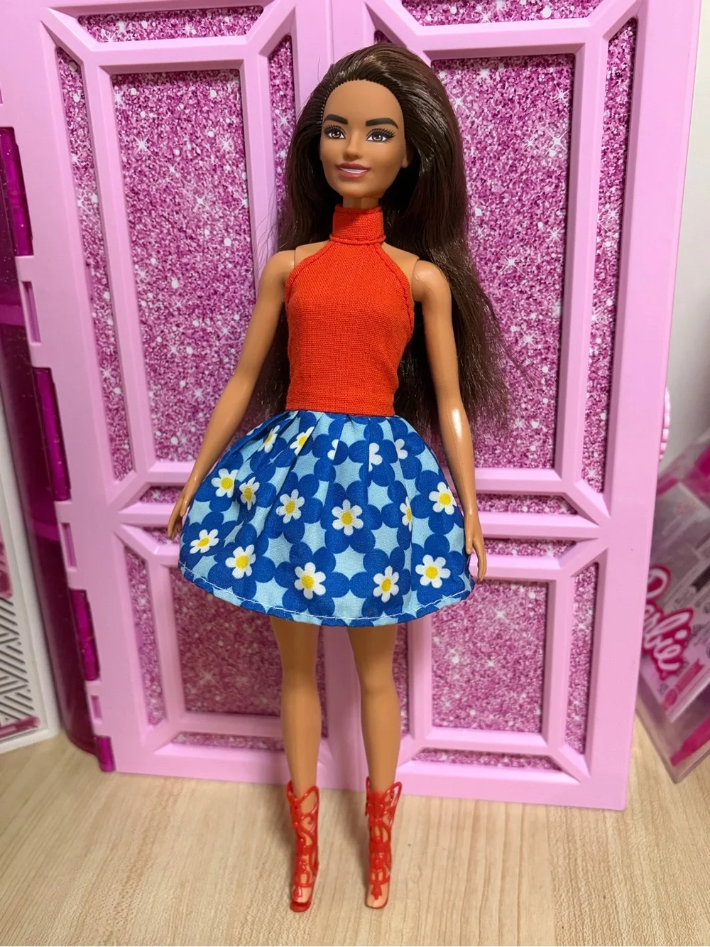 Barbie Blue Floral Skirt with Orange Halter Top